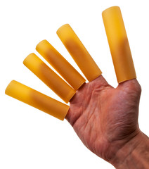 Male hand with cannelloni pasta tubes nailed on fingers.