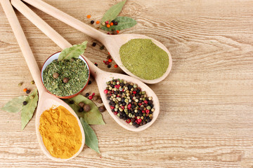 spices in the spoons on wooden background