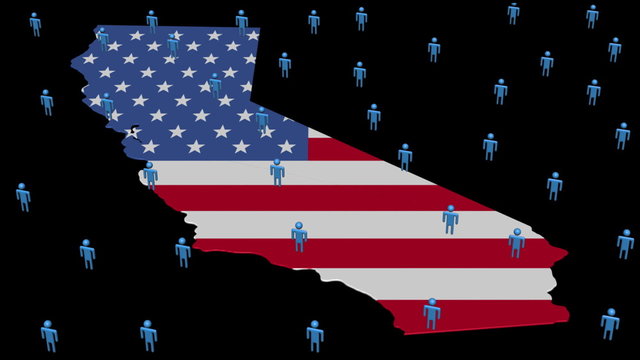 California map flag with many abstract people animation