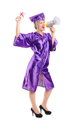 Graduate student holding her diploma and announcing