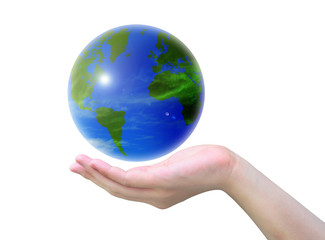 world and women hand on white background