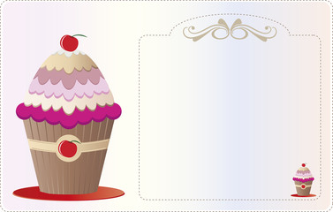 Papel convite com adornos e ilustrado com um cupcake