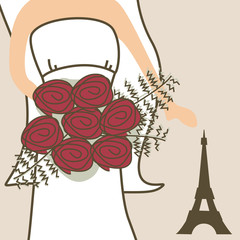 Wedding invitation with bride and Eiffel Tower