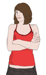 young girl in red shirt with crossed hands, vector