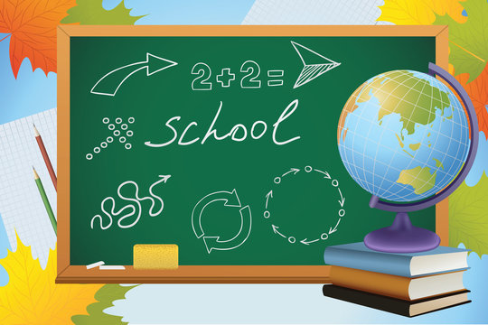school autumn background with symbols on blackboard, globe and b