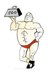 Funny cartoon illustration of bodybuilder lifting weight