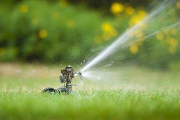 Lawn sprinkler spraying water over green grass in summer - obrazy, fototapety, plakaty