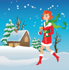 girl with gifts on winter background