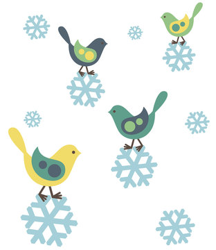 Seasonal image with birds and snowflakes
