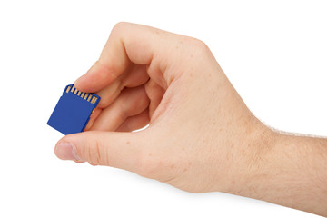 hand holding blue sd memory card logo