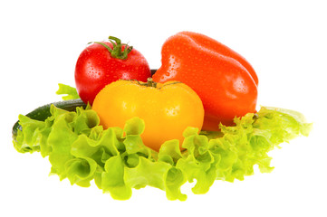 green salad and tomato isolated on the white background
