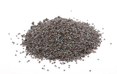 Macro photo of poppy seeds isolated on white