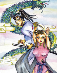 Samurai and kung fu girl with dragon