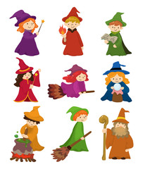 cartoon Wizard and Witch icon set.