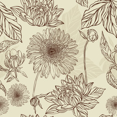 Seamless pattern  flower and leaf in retro style