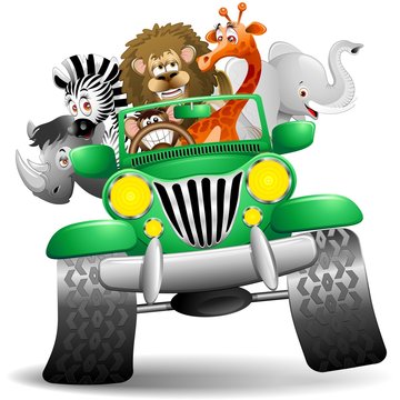 Geep con Animali Selvaggi Cartoon-Savannah Wild Animals On Jeep