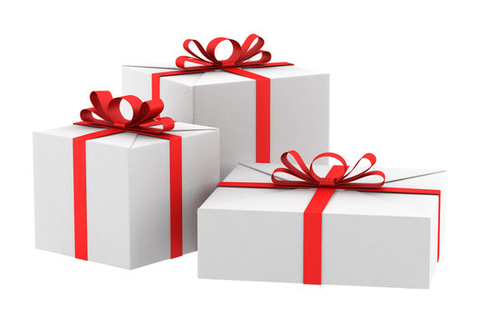 three white gift boxes with red ribbons and bows isolated