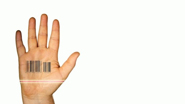 Hand mit Barcode und Scanner