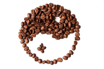 Brown and white symbol made of coffee beans on a white backgroun