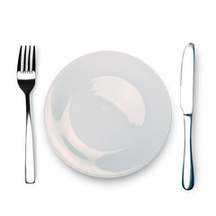Knife, white plate and fork