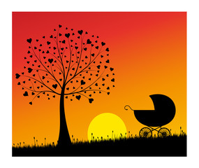 Baby carriage and tree with hearts