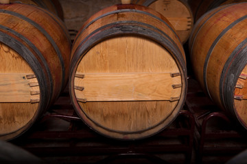 Wine barrels in an aging cellar of Ribera del Duero, Spain