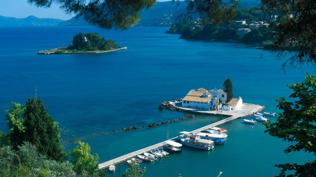Time-lapse: aerial view of Vlacherna monastery at day, Corfu