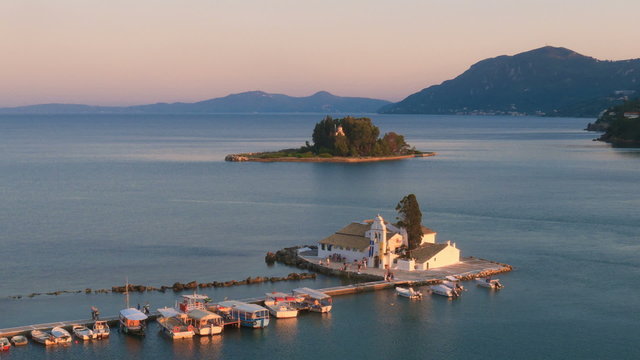Time-lapse: aerial view of of Vlacherna before sunset, Corfu