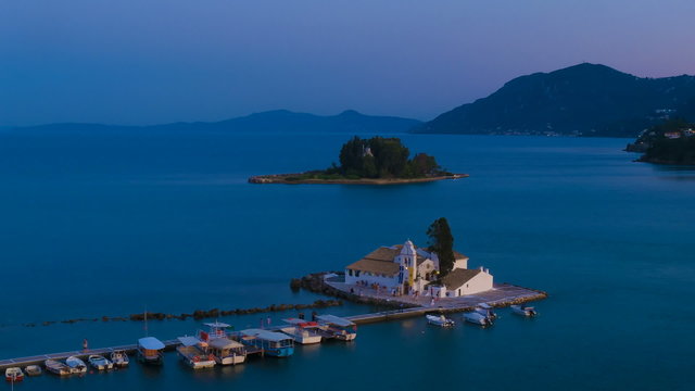 Time-lapse: aerial view of of Vlacherna before sunset, Corfu