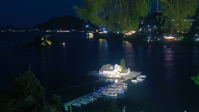 Time-lapse: view of of Vlacherna monastery at night, Corfu