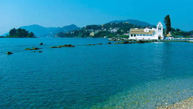 Time-lapse:Vlacherna monastery at day, Kanoni, Corfu, Greece.