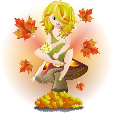 Fata Bimba su Fungo Autunno-Baby Fairy on Autumn Mushroom-Vector