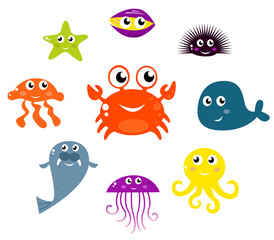 Fototapeta premium Sea creatures and animals vector icons isolated on white