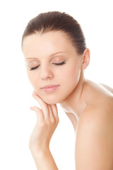 closeup face young woman with healthy clean skin and closed eyes