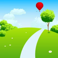 Poster Im Rahmen Grüne Landschaft mit Bäumen bewölkt Blumen und Luftballon. © Itana