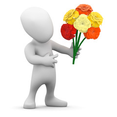 3d Little man presents a bouquet of flowers