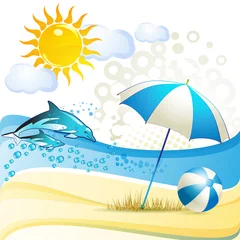 Cercles muraux Dauphins Plage avec parasol et dauphins