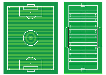 Scale vector diagrams of a soccer pitch and an american football