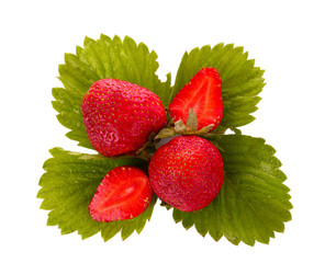 beautiful strawberries with green leaves isolated on white
