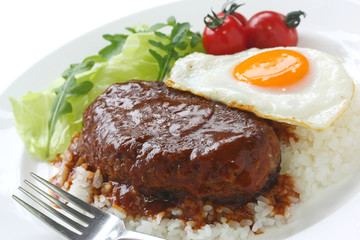 loco moco hamburger plate , hawaiian cuisine