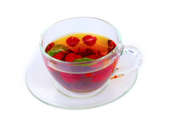 black tea, mint and raspberry in cup isolated on white