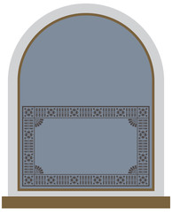 An arched ornate window and frame