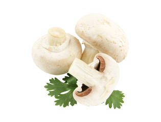 Champignon mushrooms with parsley isolated on white background