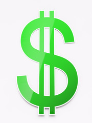 Green shiny paper dollar sign on white