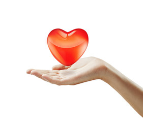 Fototapeta premium Red heart on a woman's hand.Heart on the palm - love symbol