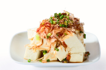 Japanese tofu topped with bonito flakes
