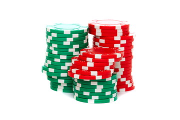 Poker chips stacked on a white background.