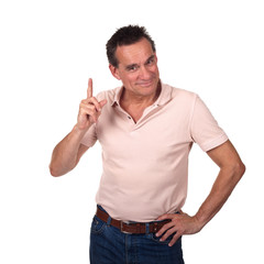 Attractive Smiling Man Pointing Upwards or Wagging Finger