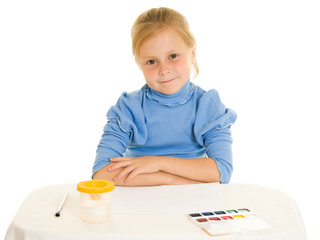 Girl with paint on a white background.