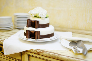 Delicious white and brown wedding cake